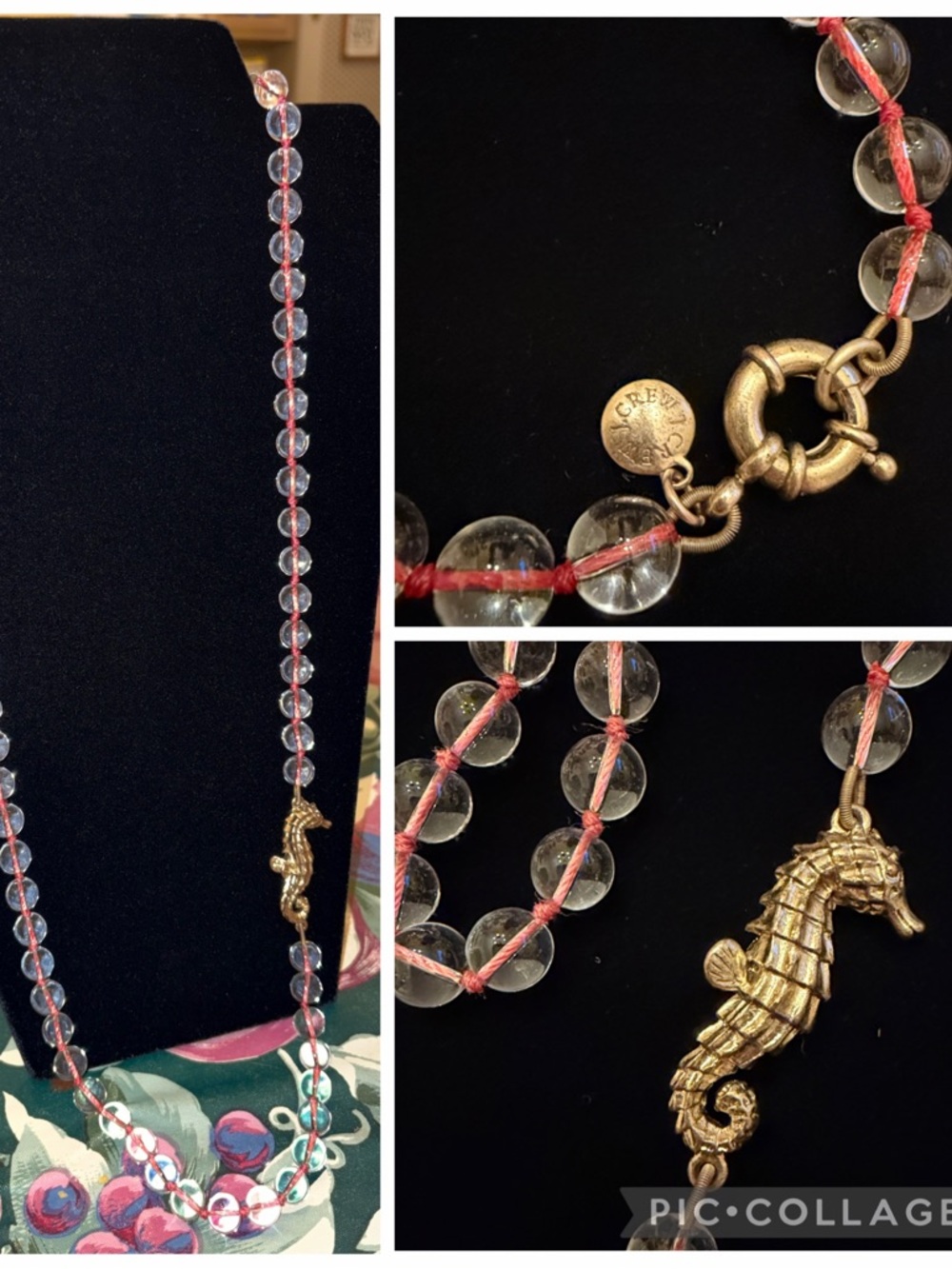 J.Crew Seahorse Long Pink Cord Clear Beaded Necklace